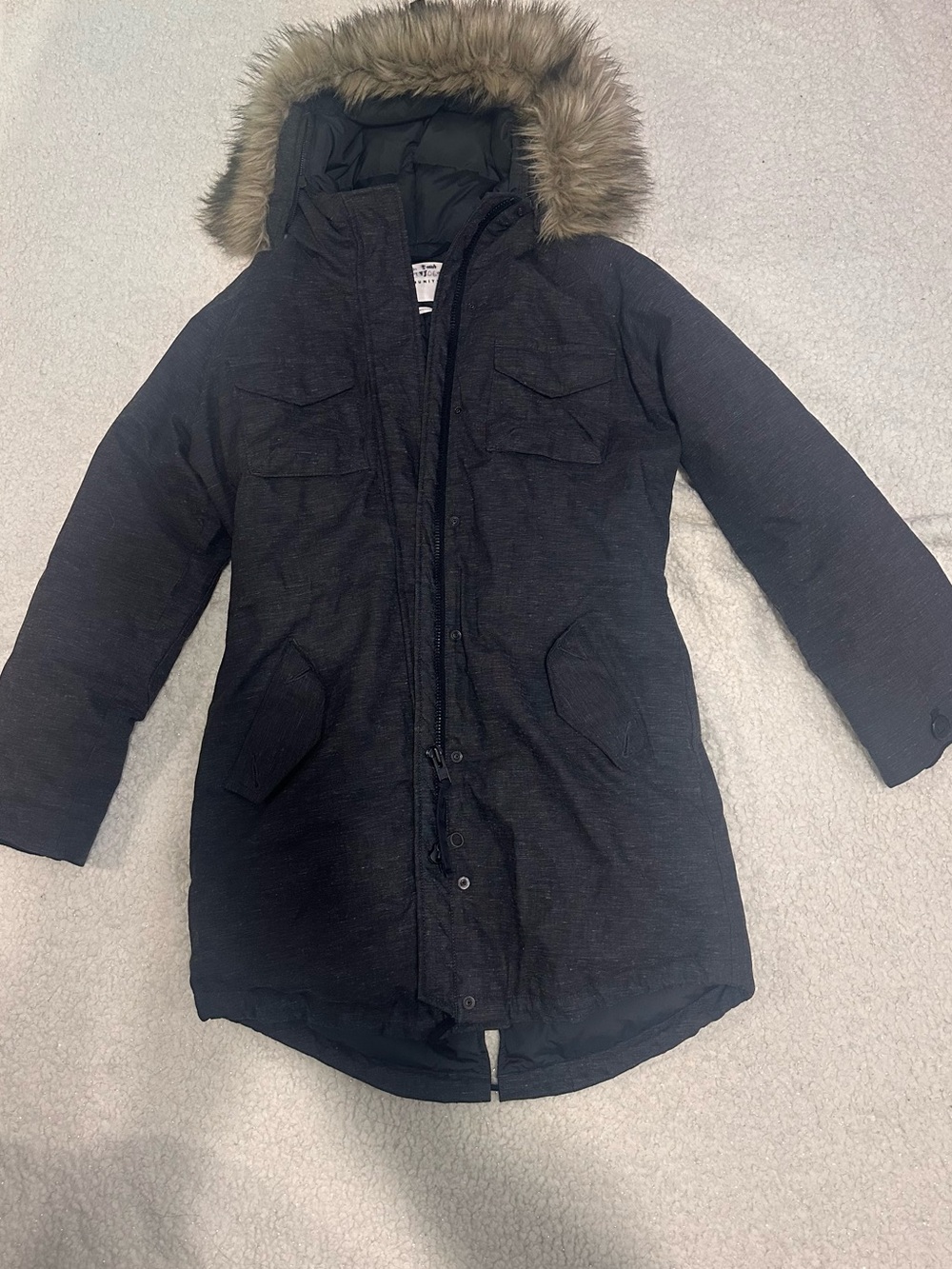 Aritzia Community Black Hooded Puffer Coat with Fur Trim